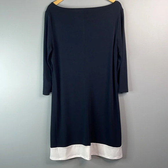 TAHARI Midnight Navy Blue Midi Shift Dress Bateau Neck White Trim 3/4 Sleeves L - Picture 6 of 11